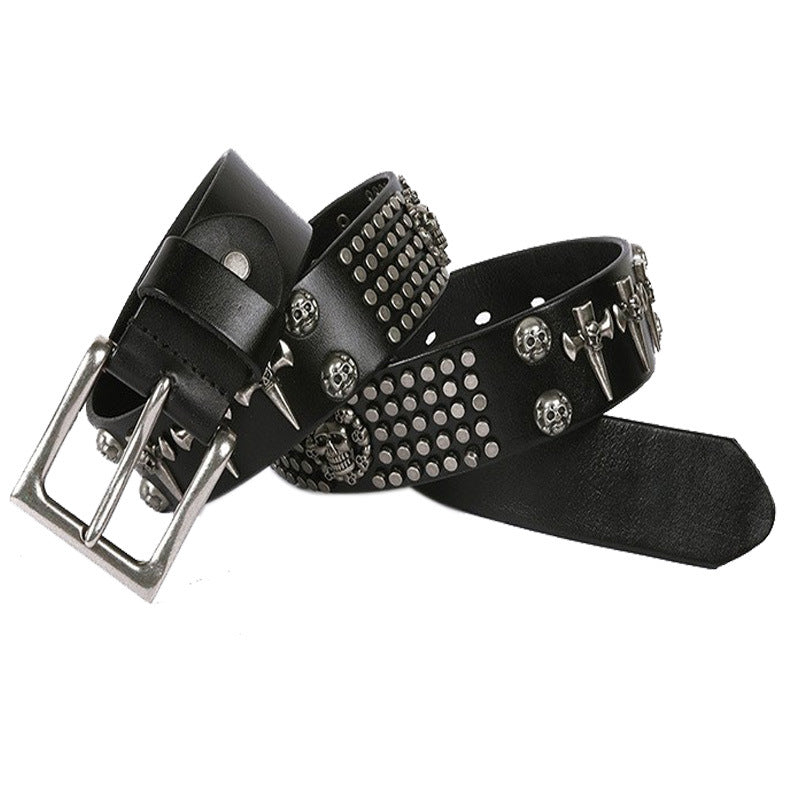 Punk Rock Cowhide Leather Men's DJ Skull Belt Matches All