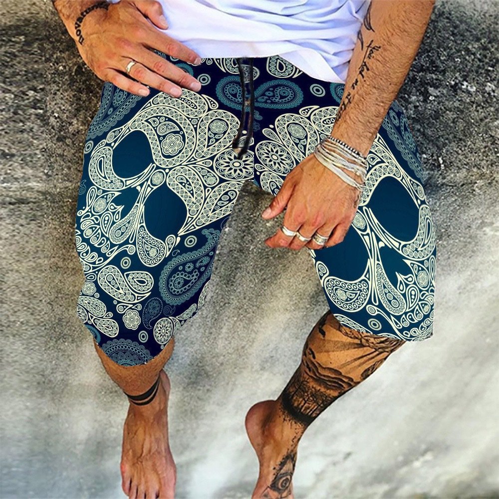 Digitally Printed Men's Casual Quick-drying Beach Skull Trunks