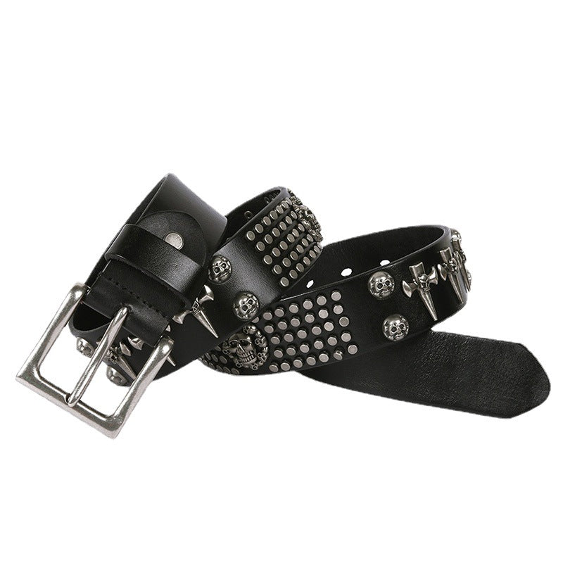 Punk Rock Cowhide Leather Men's DJ Skull Belt Matches All