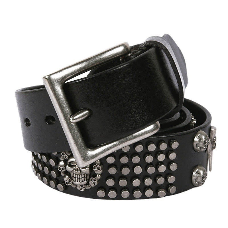 Punk Rock Cowhide Leather Men's DJ Skull Belt Matches All