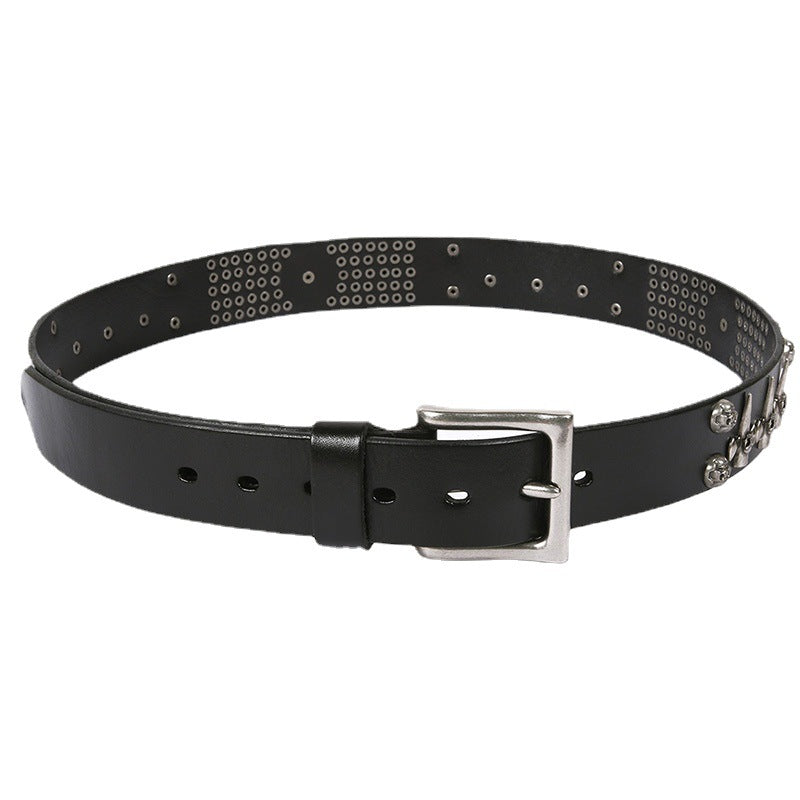 Punk Rock Cowhide Leather Men's DJ Skull Belt Matches All