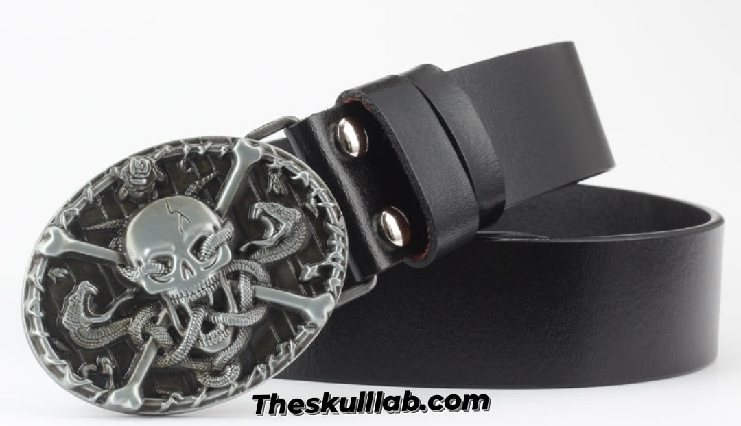 Skull Decor Belt Buckle, Pure Leather *6 Styles