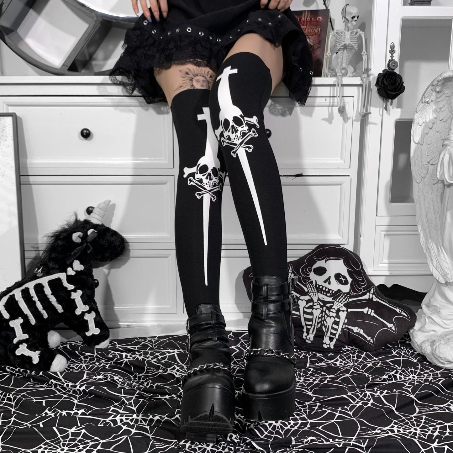 Halloween Skull Over The Knee Stockings Women's Clothing