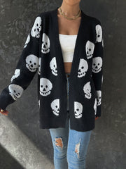 Casual Halloween inspired Skull Jacquard Knitted Long Sleeve Cardigan