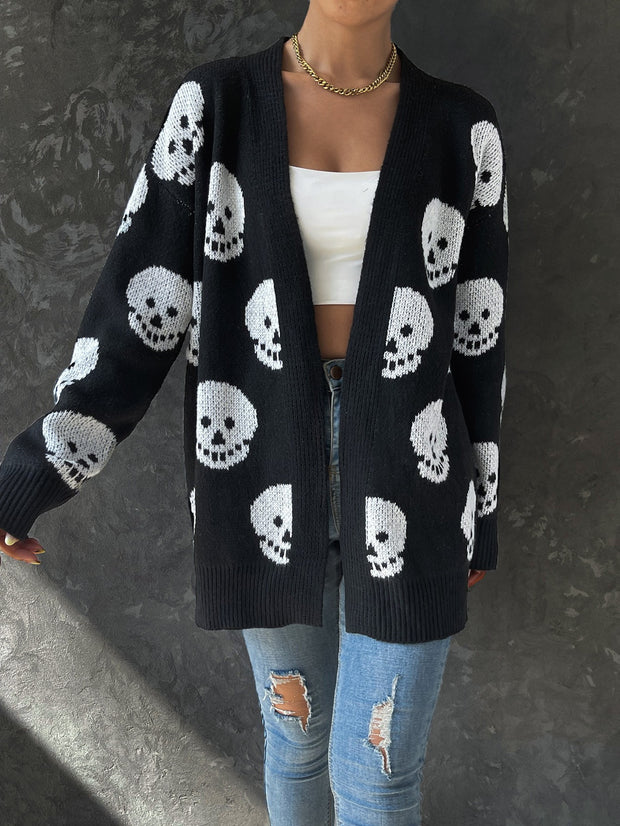 Casual Halloween inspired Skull Jacquard Knitted Long Sleeve Cardigan