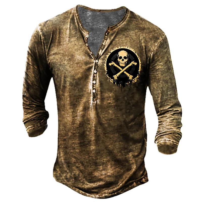 European And American Vintage Print Seven Button Open Placket Skull Long Sleeve T-shirt