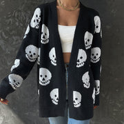 Casual Halloween inspired Skull Jacquard Knitted Long Sleeve Cardigan