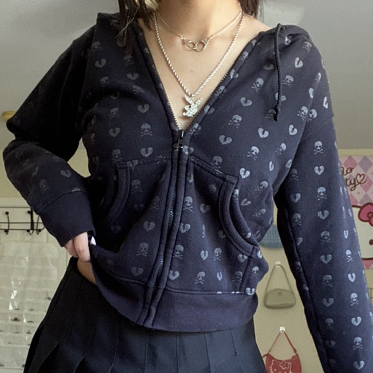 90s Vintage Skull Print Black Zipper Sweatshirt Long Sleeve