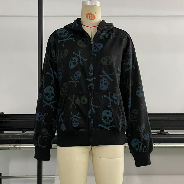 Women's Casual Skull Print Long Sleeve Jacket/ Zipp Sweater