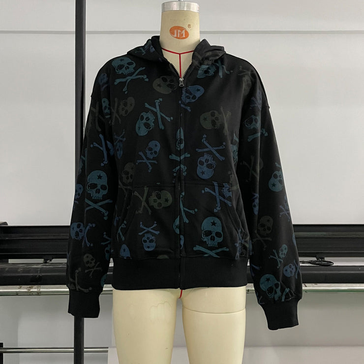 Women's Casual Skull Print Long Sleeve Jacket/ Zipp Sweater