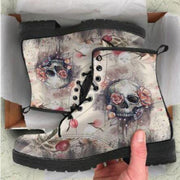 Women Boots Low Heel Shoes Women's Vintage Pu Leather Autumn ready stay Warm in Winter with high top Skull Boots