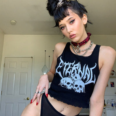 Short Navel Cropped Gothic Style Skull Tank Top
