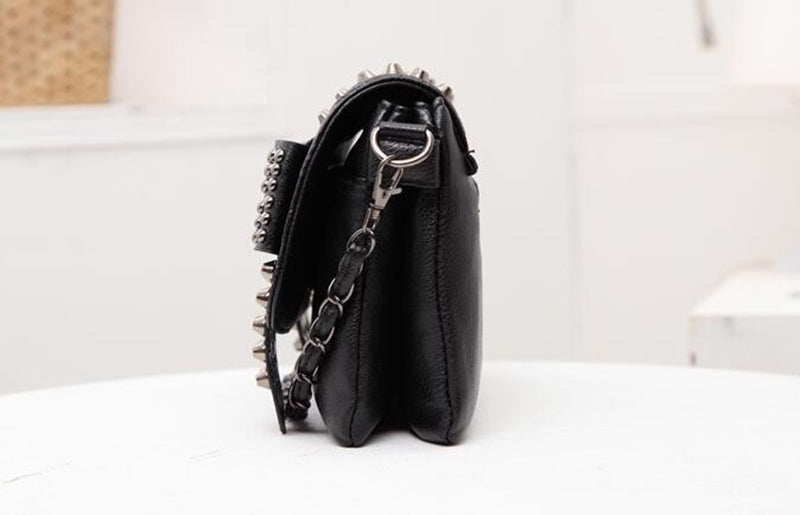 Black Messenger Bag Vintage Shoulder Bag with Cool Skull Rivets