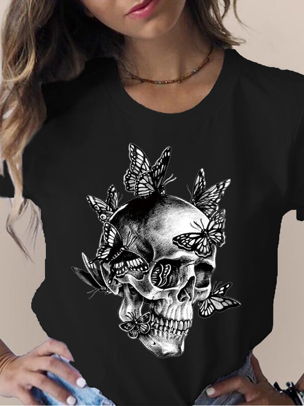 Women's Skull Flower Printed Round Neck Short Sleeve T-shirt *15 styles