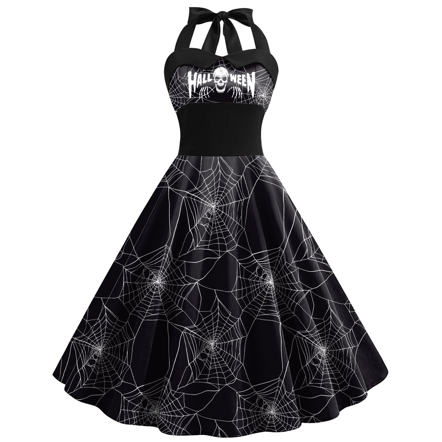 Skulls, Spider Web, Halloween Printed Women's High Waist Strap Dress