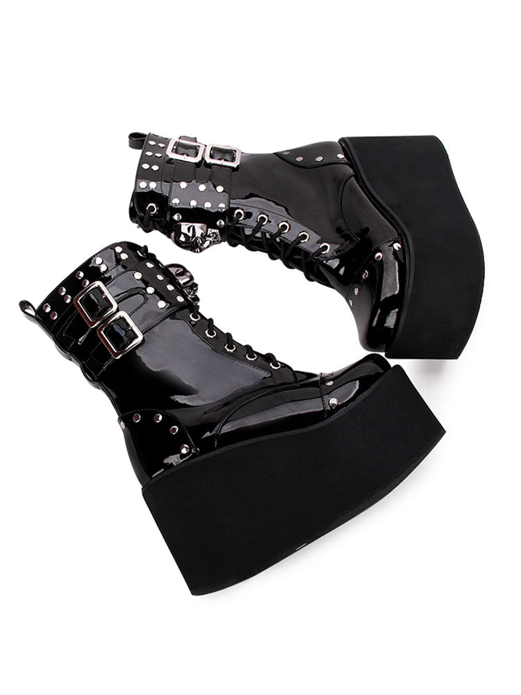 Super high-heel platform punk boots with side zipper and rivet skull decoration