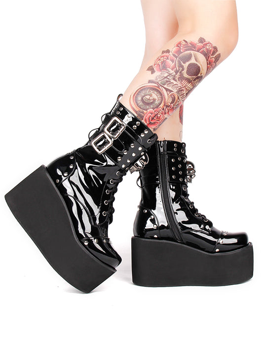 Super high-heel platform punk boots with side zipper and rivet skull decoration