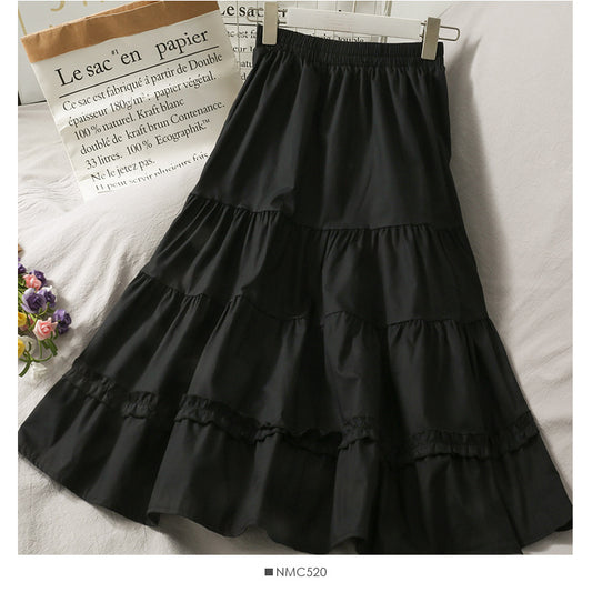 Western Style Wild Wood Ear Stitching Mid-Length A-Line Skirt Female Spring Elastic Waist Thin Solid Color Skirt