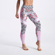 Women'S Skull And Flower Leggings, Pink, Digital Print, High Waist Pants, Stretch