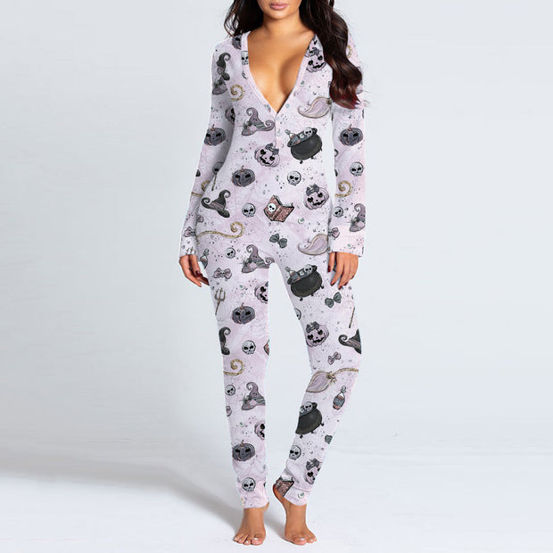 Amazing Autumn And Winter Halloween Inspired Skull Printed Sexy Onesie PJ's