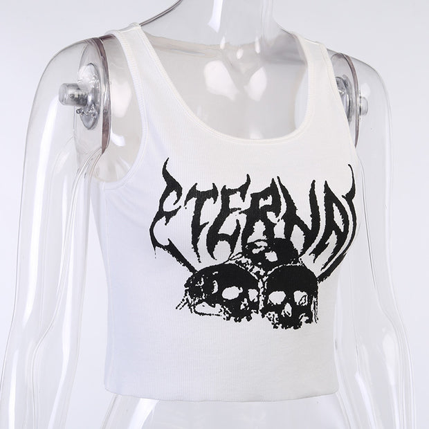 Short Navel Cropped Gothic Style Skull Tank Top