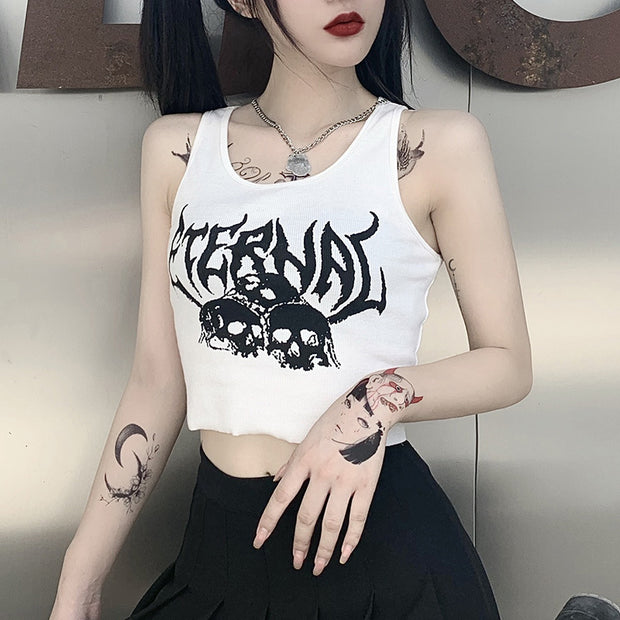 Short Navel Cropped Gothic Style Skull Tank Top