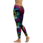 Rainbow Skull Leggings Workout or Casual wear, High Waist Slim Pants S~4XL, Plus Size Leggings