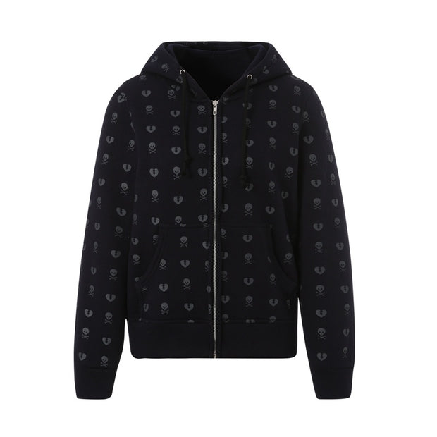 90s Vintage Skull Print Black Zipper Sweatshirt Long Sleeve