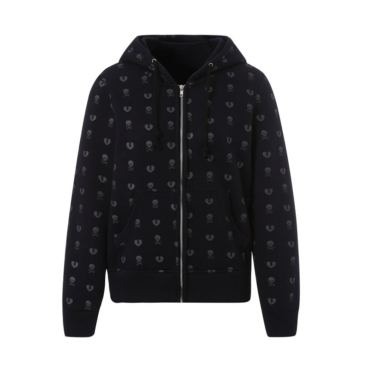 90s Vintage Skull Print Black Zipper Sweatshirt Long Sleeve
