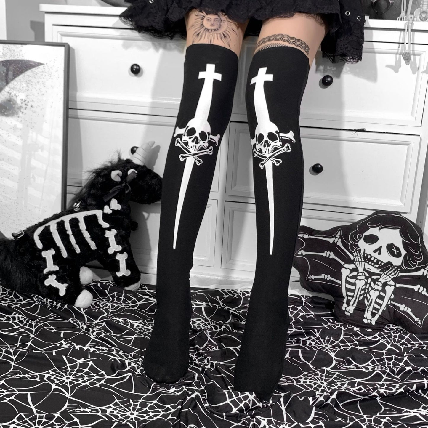 Halloween Skull Over The Knee Stockings Women's Clothing