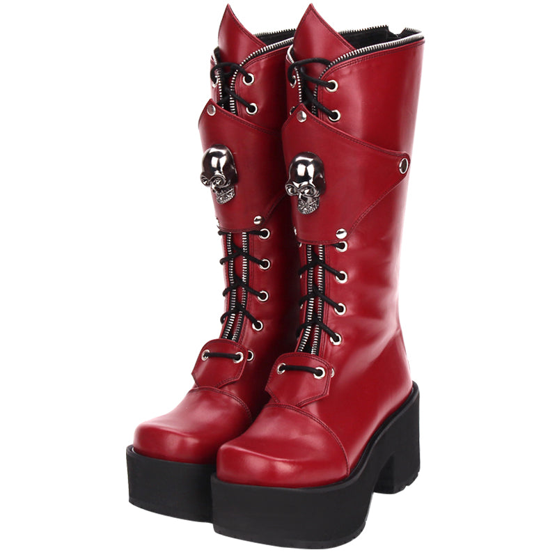 Zipper Studded Skull Punk Thick-soled High Boots