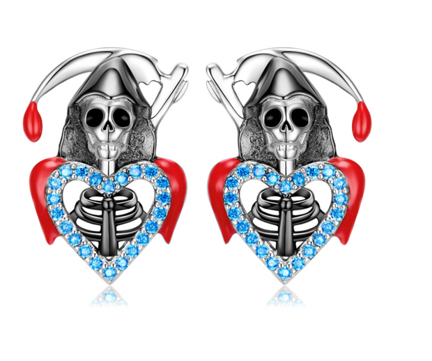 S925 Sterling Silver Skull Grim Reaper Stud Earring Set With Zirconium Epoxy Dark Punk settings