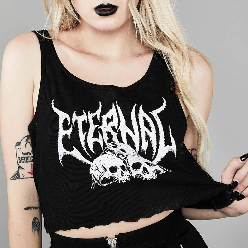 Short Navel Cropped Gothic Style Skull Tank Top