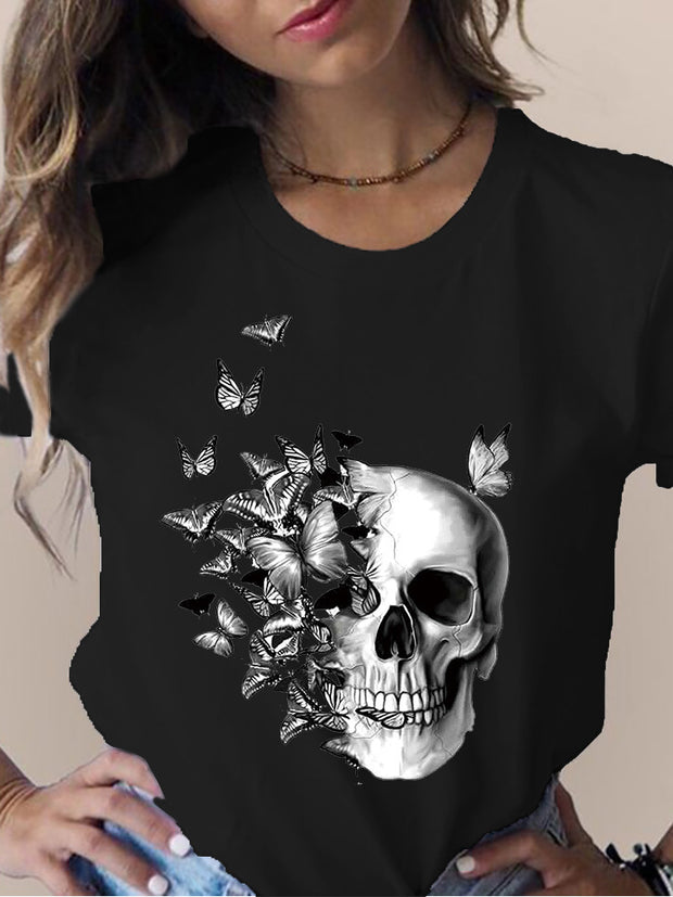 Women's Skull Flower Printed Round Neck Short Sleeve T-shirt *15 styles