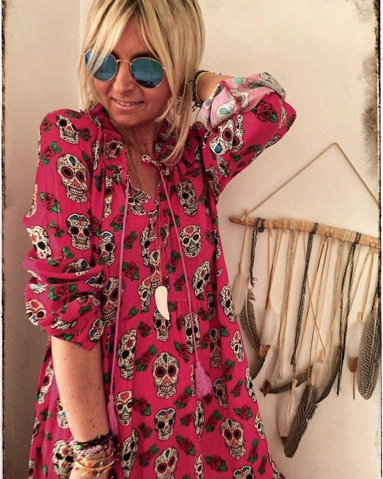 Skull Print Long-sleeved Big flowing Dress *3 Colors