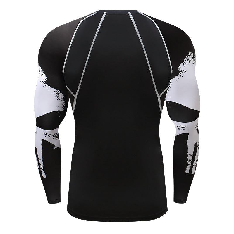 Skull Print Long Sleeve Men's Punishing Workout Clothes with Stretch Quick Drying Clothes for Basketball, Bike Riding, Running Suit. With a Round Neck, it's a Tight form-fitted shirt