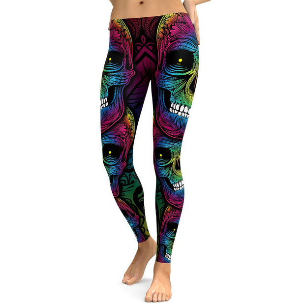 Rainbow Skull Leggings Workout or Casual wear, High Waist Slim Pants S~4XL, Plus Size Leggings