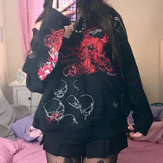 90s Vintage Skull Print Black Zipper Sweatshirt Long Sleeve