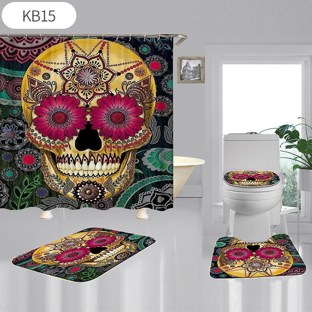 Skulls Digitally Printed Shower Curtain, Commode seat Cover & Non-slip Mat * 19 Styles