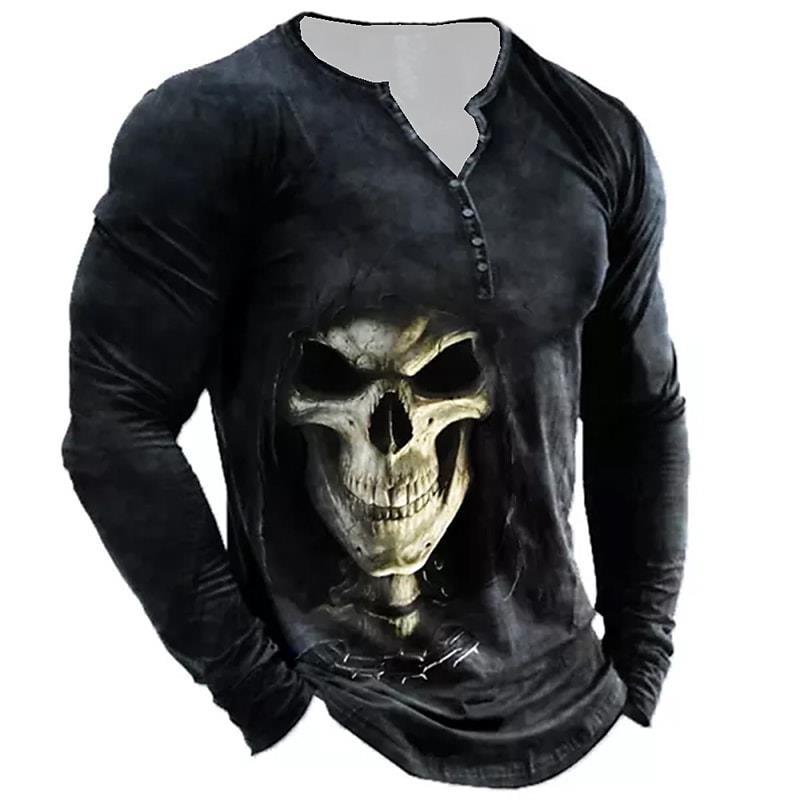 European And American Vintage Print Seven Button Open Placket Skull Long Sleeve T-shirt