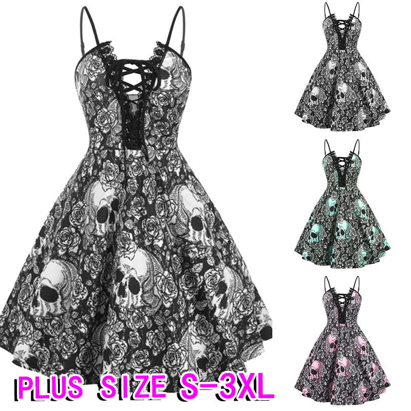 Skull Printed Sling Straps Comfortable Waist Retro Dress *2 Styles