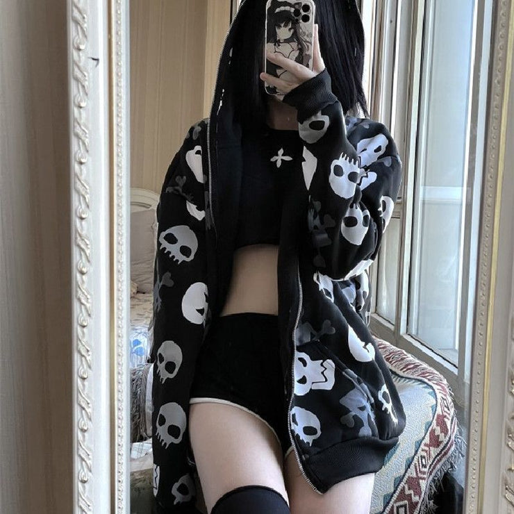 Dark Skull Cardigan Oversized Zipper Hoodie Thin Style