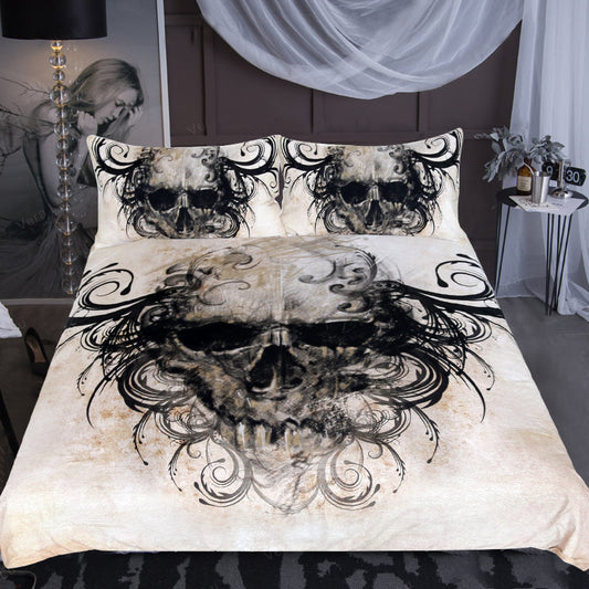 Black swirl Skull head quilt cover three-piece bedding set