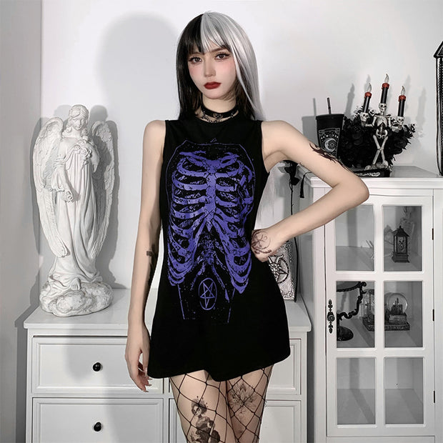 Dark Skull Print Round Neck Sleeveless Summer Dress Women