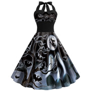 Skulls, Spider Web, Halloween Printed Women's High Waist Strap Dress