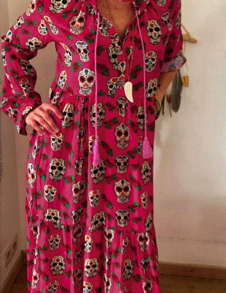 Skull Print Long-sleeved Big flowing Dress *3 Colors