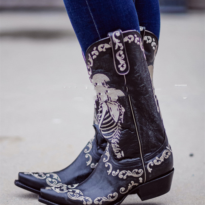 Skull Tall Pointed Toe Chunky Mid Heel Cowboy Boots
