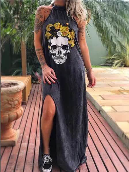 Slim Fit Midi Dress With Printed Skull