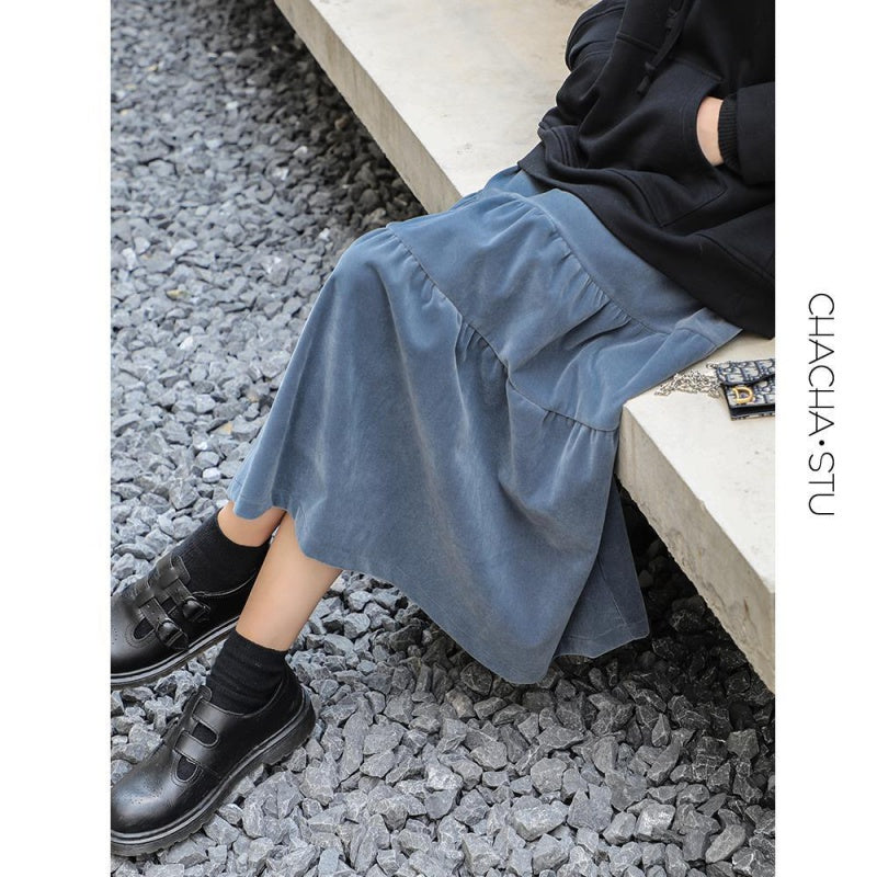 Fashion Black or Blue Thick Velvet Mid-length A-line Skirt