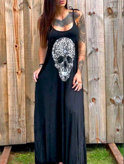Strap Style Skull Mid-length Print Dress